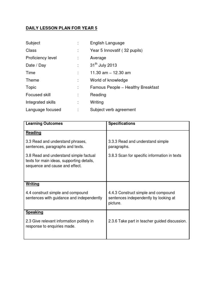 Year 5 English Lesson Plan: Healthy Breakfast | PDF | Lesson Plan ...