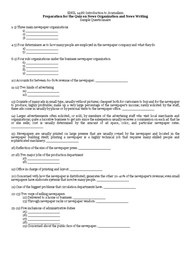 Sample Questionnaire for Journalism Class Newspapers Copy Editing