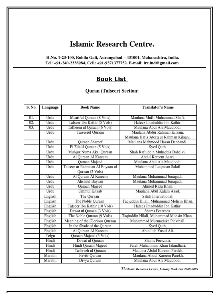 Islamic Research Centre Books List Quran Islam