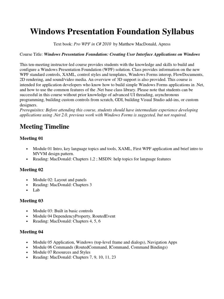 WPF Course Syllabus for Developers | PDF | Windows Presentation ...