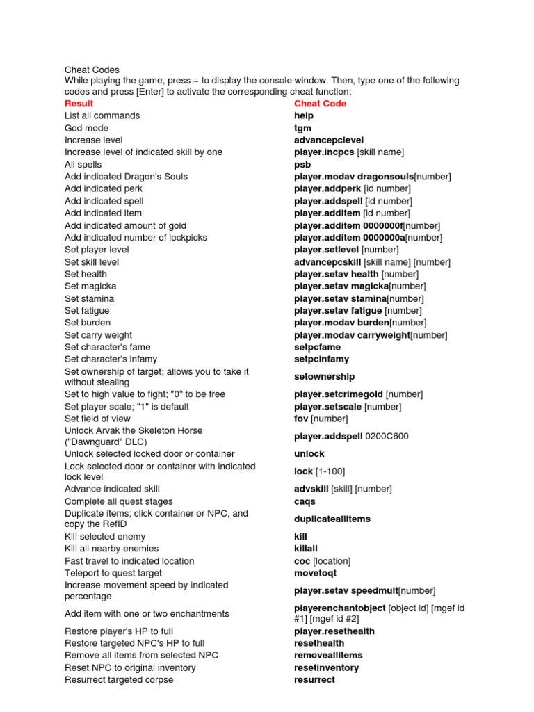 SKyrim Cheat | PDF | Cheating In Video Games | Role Playing Video Games