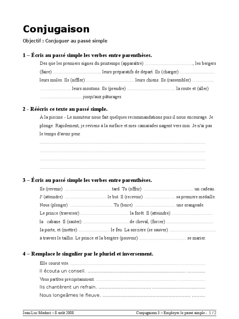 Exercices Passé Simple Cm2 à Imprimer Passé Simple Lundi | PDF | Mécanique du langage | Onomastique