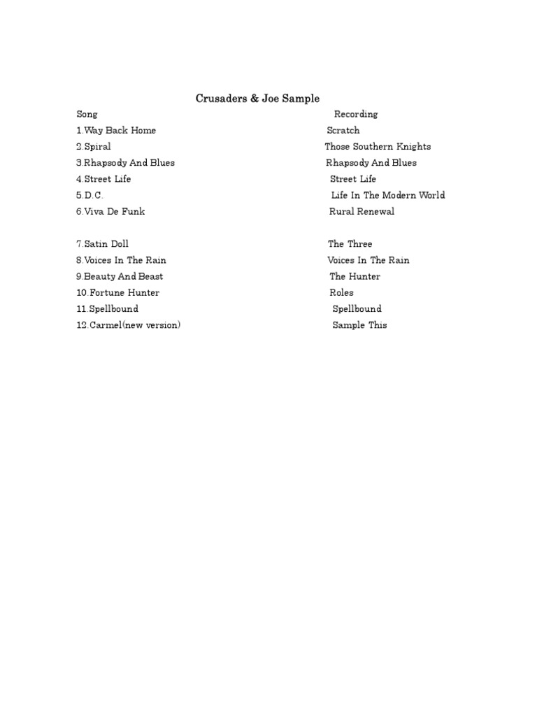 Joe Sample & Crusaders Song List | PDF