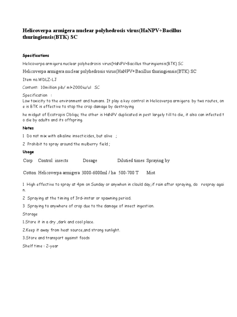 Helicoverpa Armigera Nuclear Polyhedrosis Virus (Hanpv+Bacillus ...