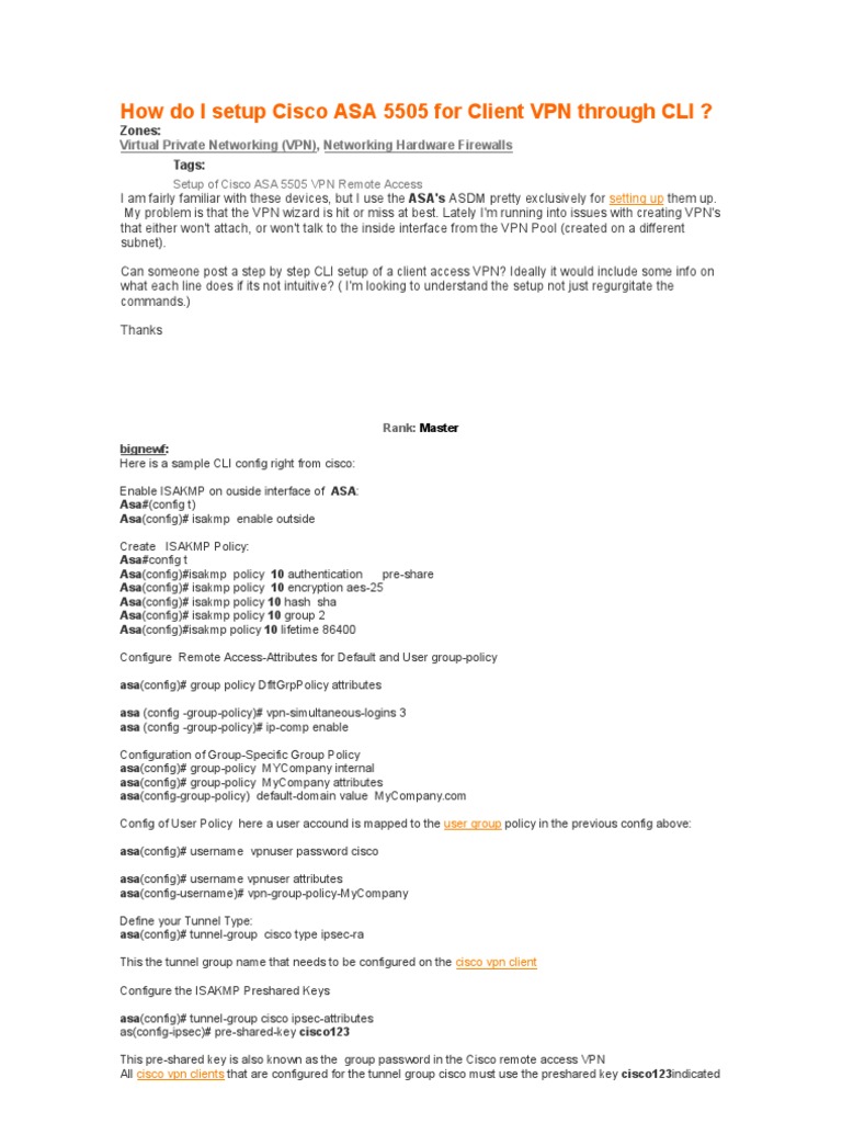 Cisco ASA 5505 VPN Setup via CLI | PDF | Virtual Private Network | Computer  Security