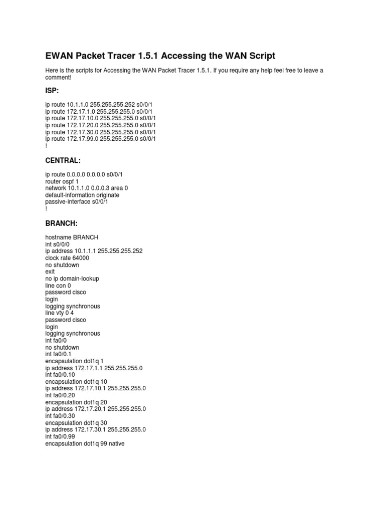 WAN Access Script for Packet Tracer | PDF | Router (Computing) | Ip Address