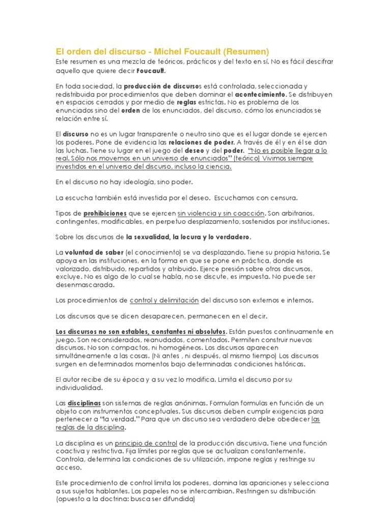 El Orden Del Discurso Resumen PDF Michel Foucault Verdad