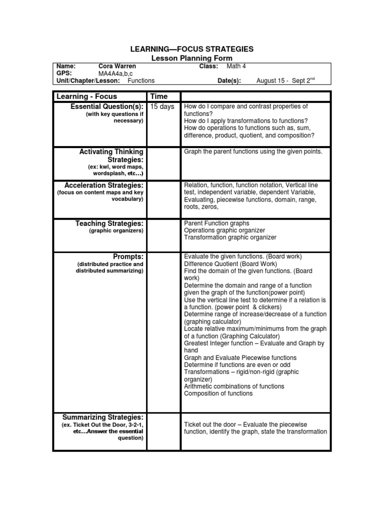 Unit One Lesson Plan | Function (Mathematics) | Graph (Mathematics)