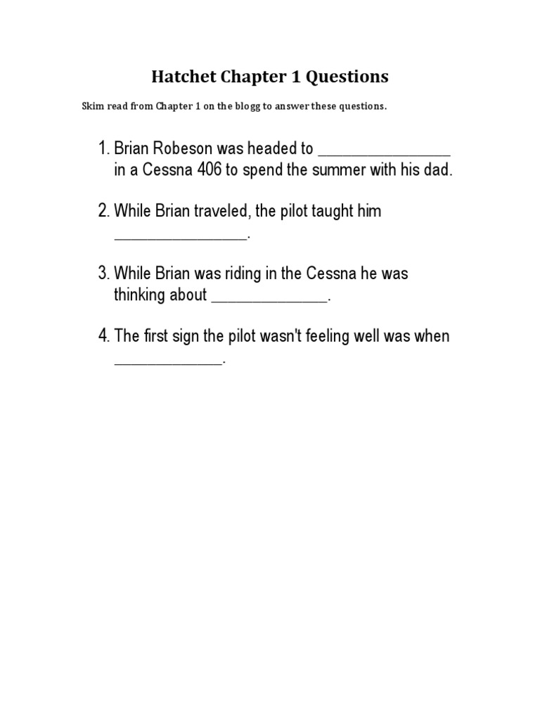 Hatchet Chapter 1 Questions | PDF for Free Printable Hatchet Worksheets Printable