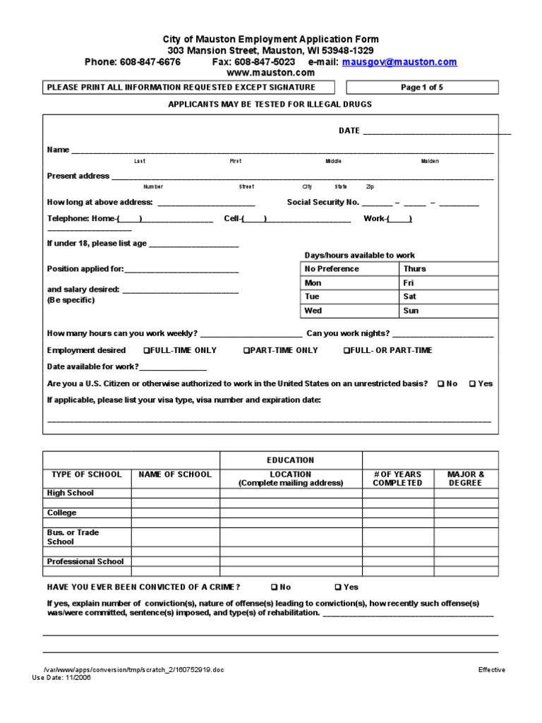 City of Mauston Employment Application Form 303 Mansion Street, Mauston ...