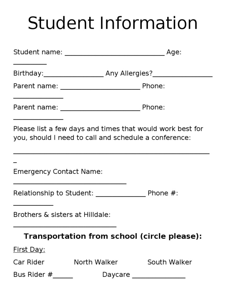 Student Information Form PDF