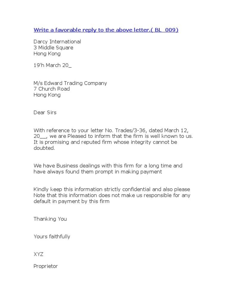 Write A Favorable Reply To The Above Letter. (BL - 009) | PDF