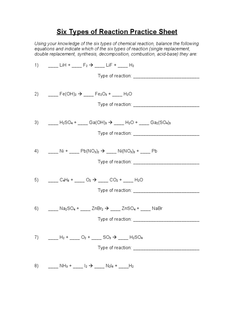 Six Types of Reaction Practice Sheet | PDF | Science & Mathematics ...