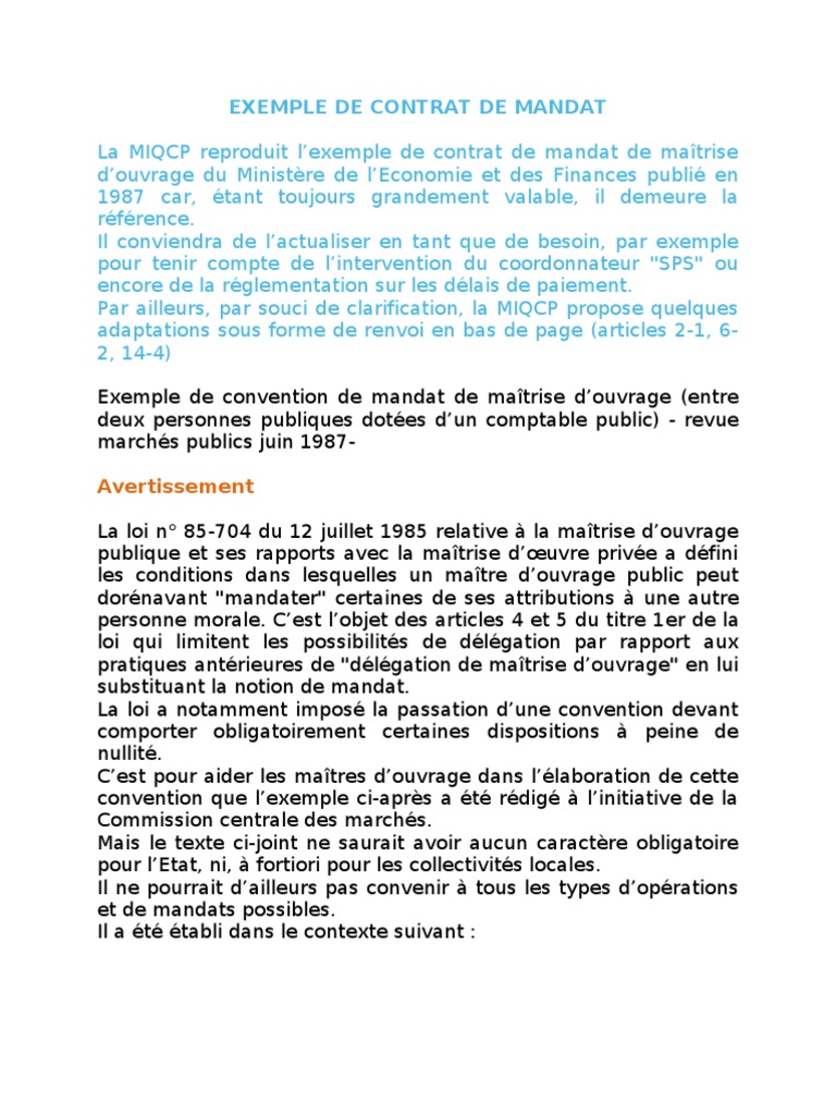 Exemple de Contrat de Mandat Entrepreneur principal Droit statutaire