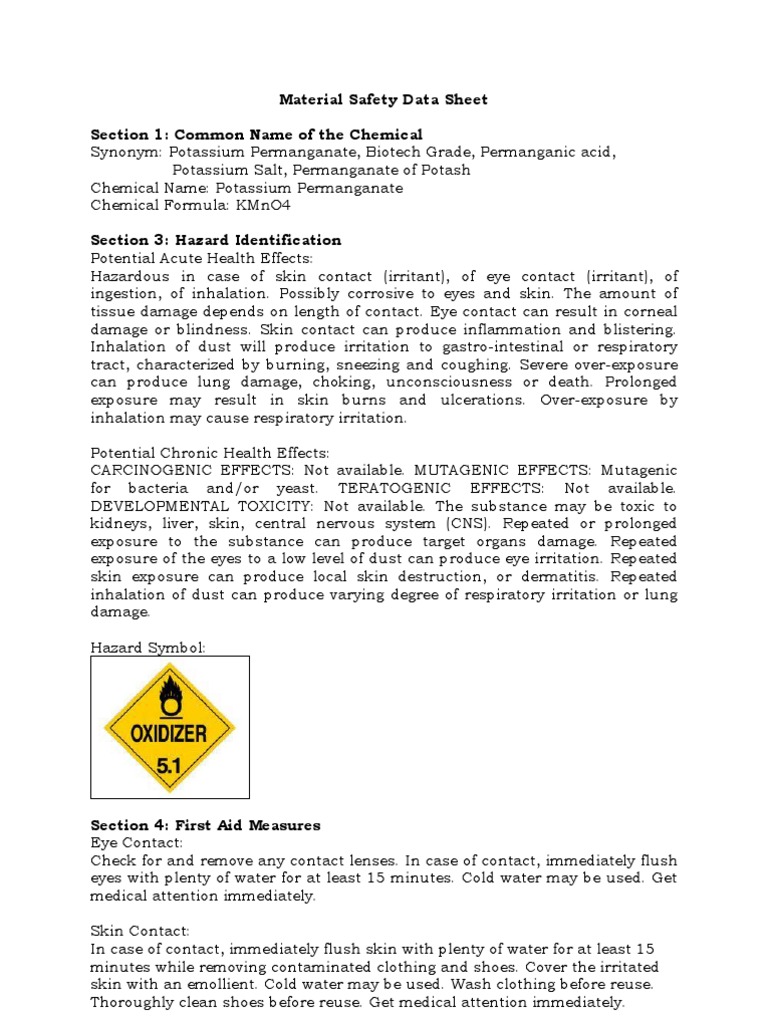 MSDS Potassium Permanganate Toxicity Hypothermia
