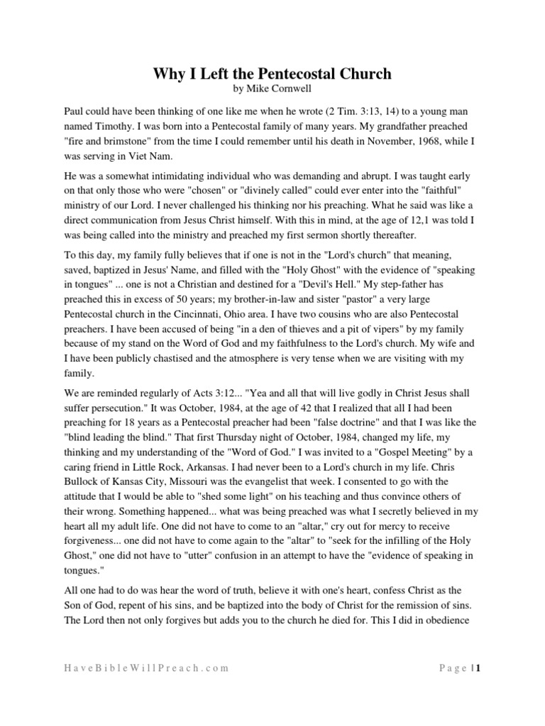 Why I Left The Pentecostal Church by Mike Cornwell PDF Pentecostalism Christian Church