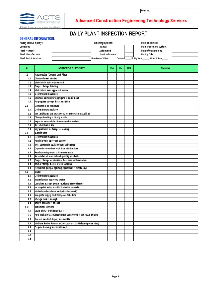 Daily Batching Plant Inspection Report | PDF | Concrete | Industries
