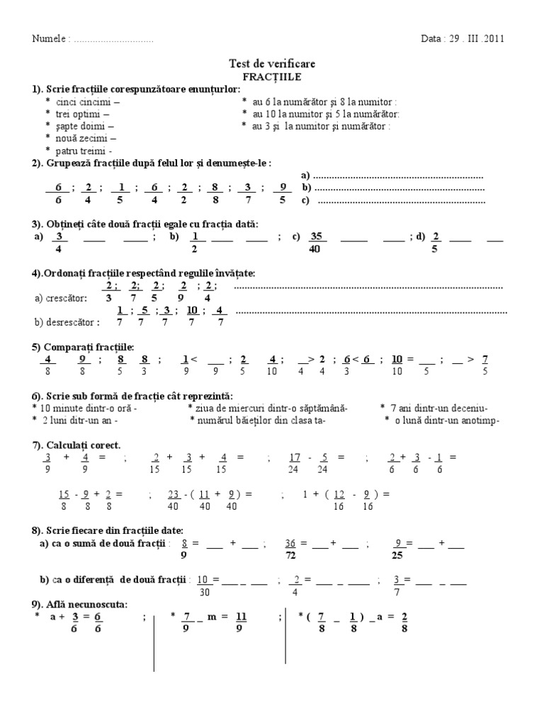 Exercitii Cu Fractii Clasa 5 Pdf Test Fractii | PDF