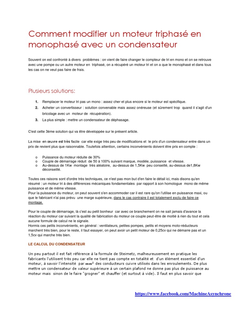 Calcul Du Condensateur Pour Un Moteur Monophase Comment Modifier Un Moteur Triphasé en Monophasé Avec Un Condensateur | PDF  | Condensateur | Puissance (physique)