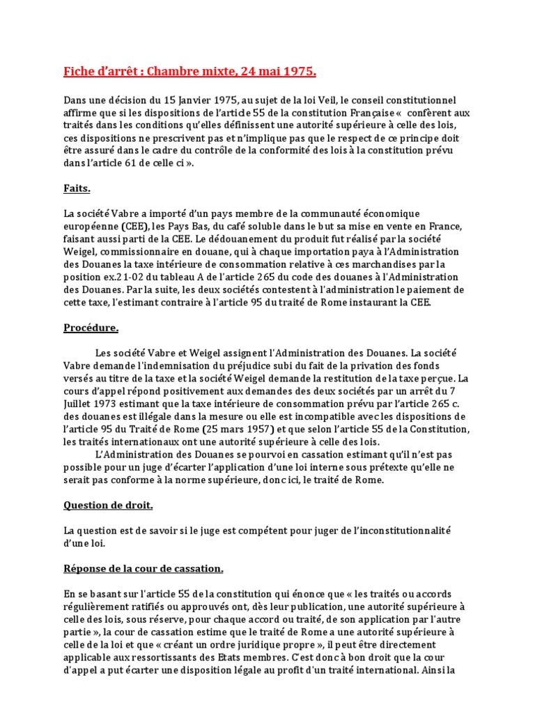 Fiche D arrêt Jacques Vabre 24 Mai 1975