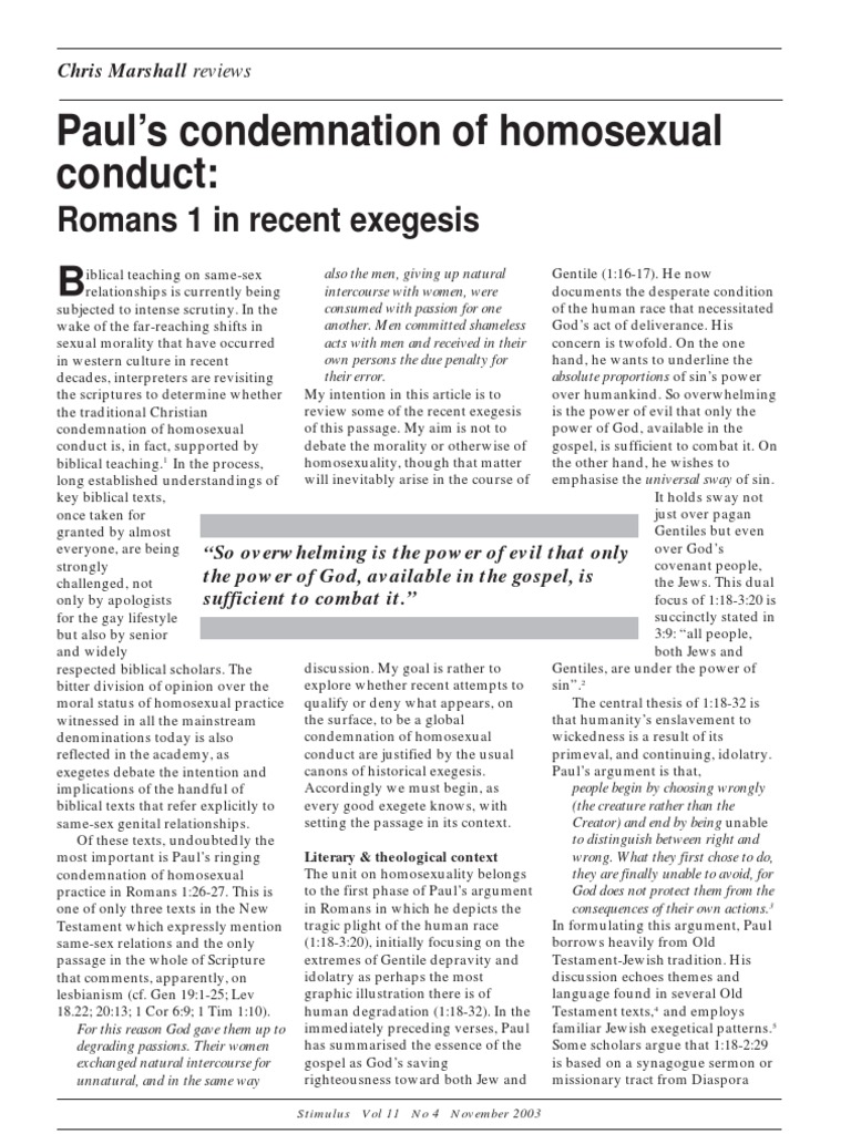 Paul's Condemation of Homosexual Conduct Romans 1 in Recent Exegesis
