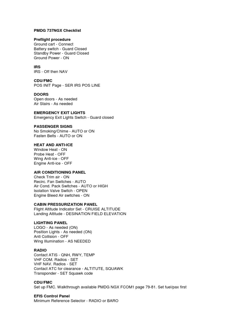 PMDG 737NGX Preflight Checklist | PDF | Takeoff | Switch