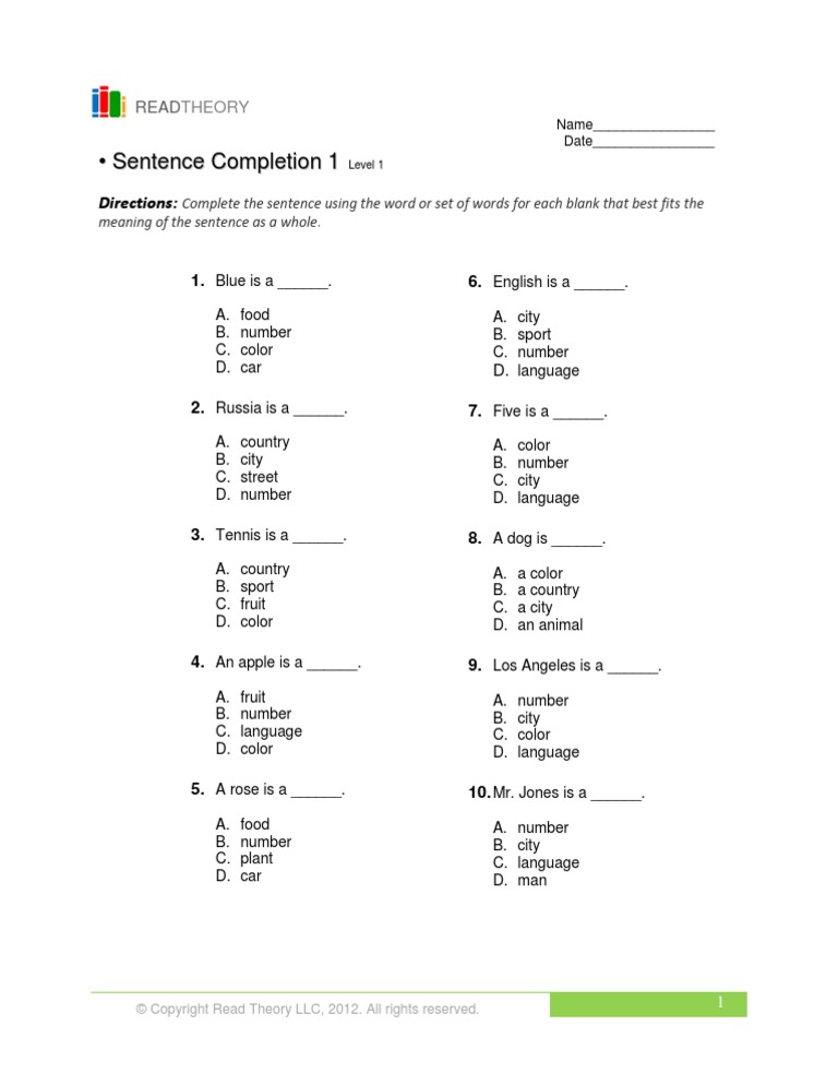 PDFs Level 1 Sentence Completion 1 | PDF