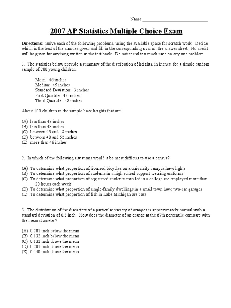 Statistics Unit Five Multiple Choice Worksheet