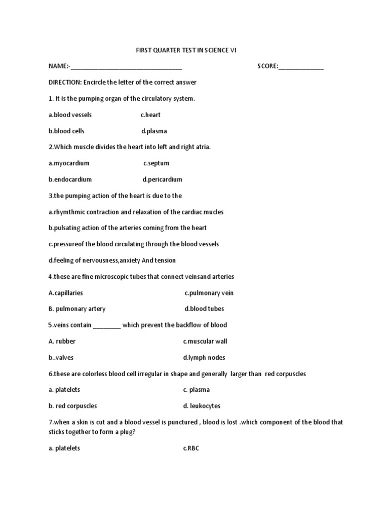 First Quarter Test in Science | PDF | Circulatory System | Neuron