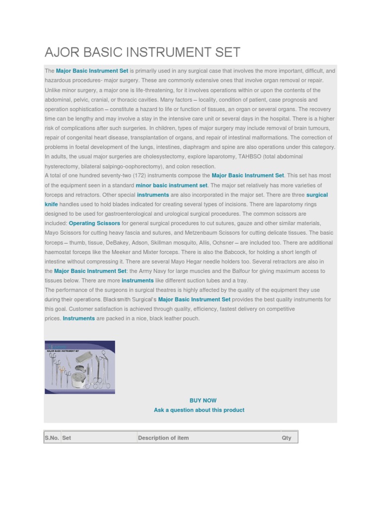 Major Basic Instrument Set PDF Surgery Medical Specialties