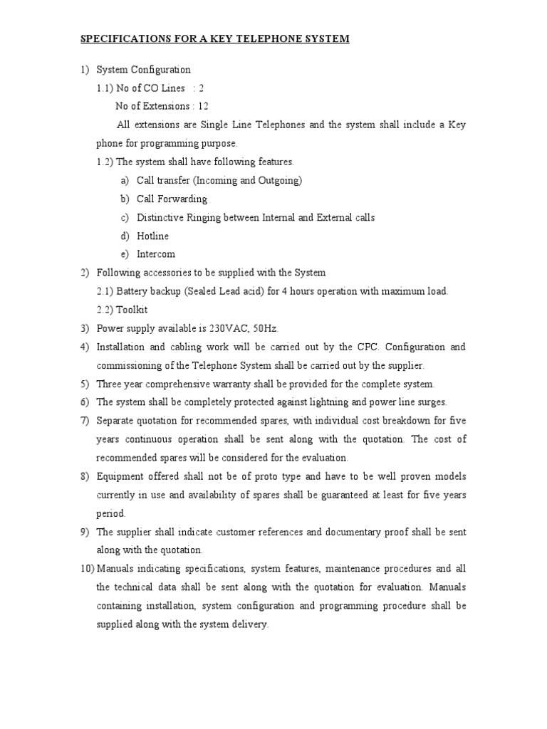 Specifications For A Key Telephone System PDF Telephone