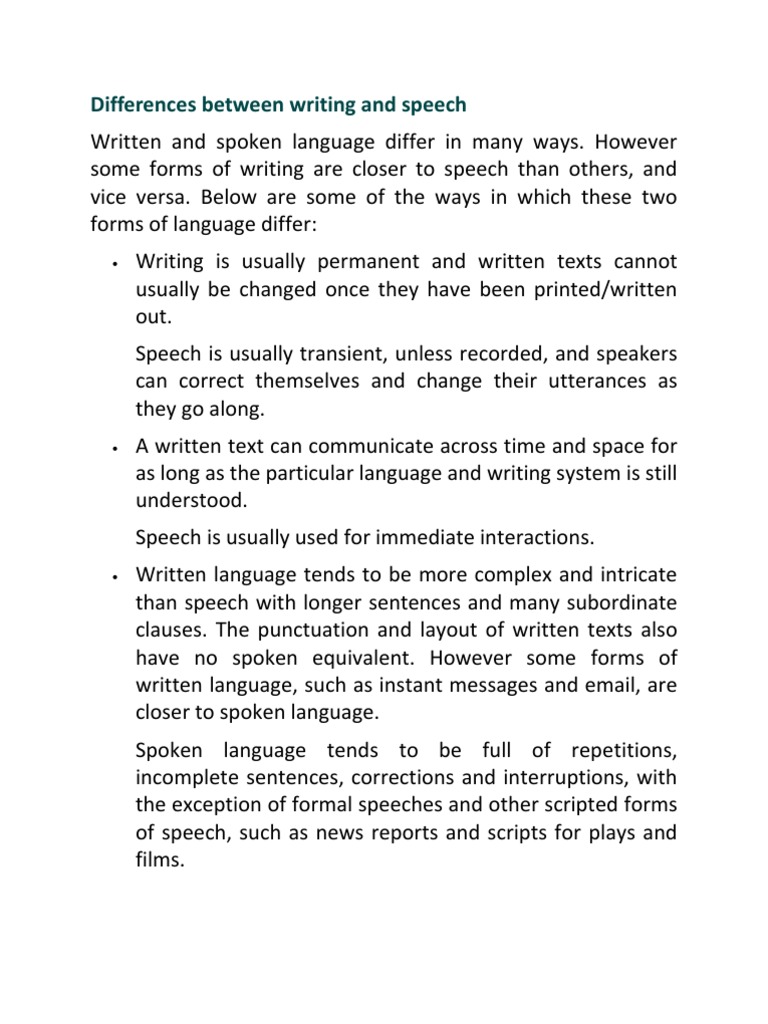 what is the difference between writing and speech