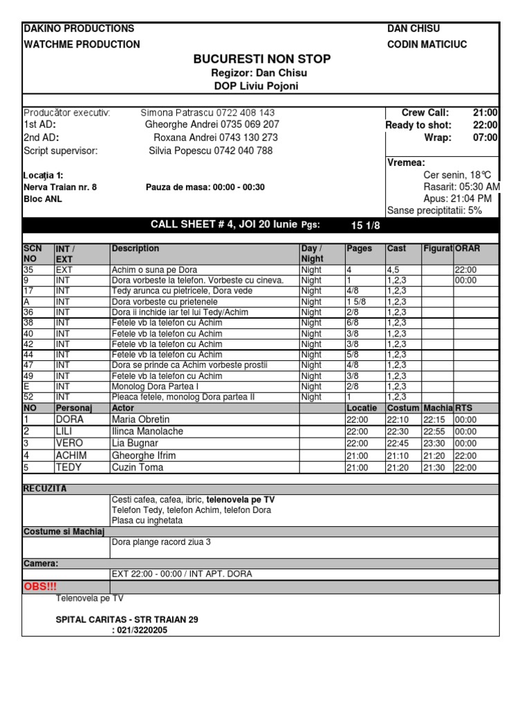 Film Crew Call Sheet | PDF