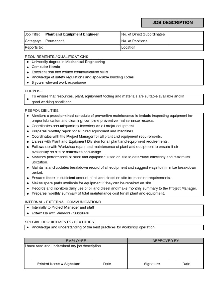 Plant and Equipment Engineer Job Description