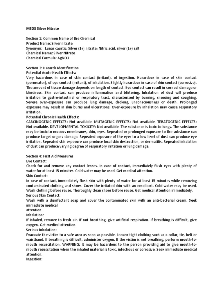 Msds Silver Nitrate Toxicity Silver