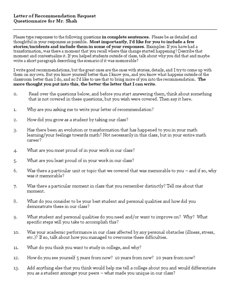 Letter of Questionnaire 20122013 Shah Questionnaire
