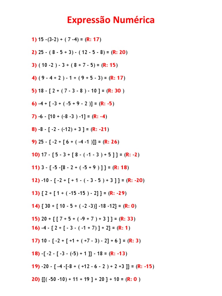 Exercícios de Expressões Numéricas 7º Ano | PDF
