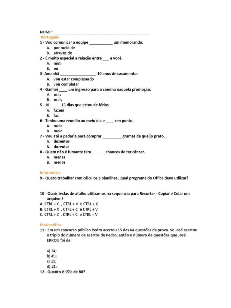 Teste de Portugues 1 | PDF | Palavra | Tempo