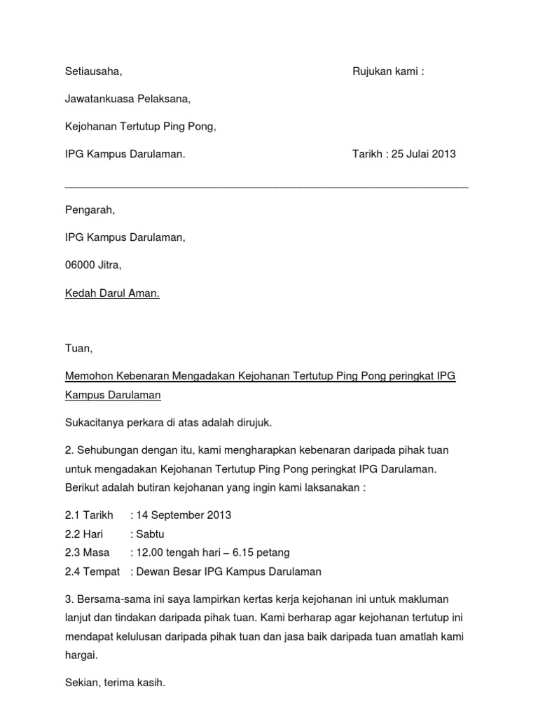 Surat Permohonan Mengadakan Pertandingan