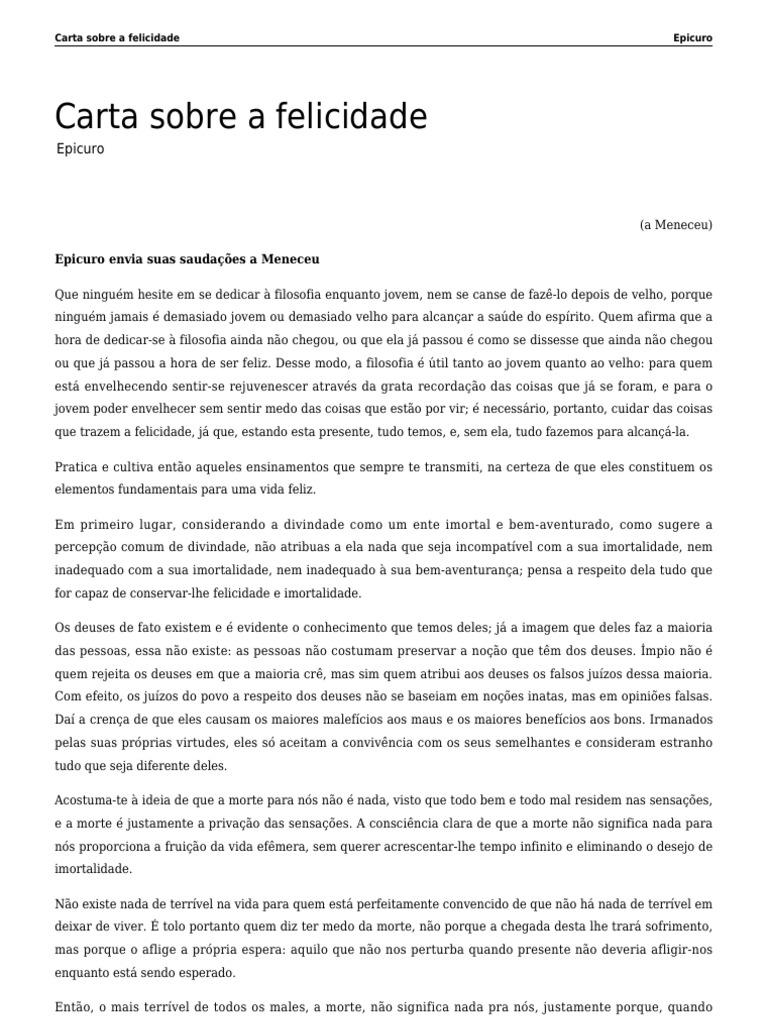 Carta de Epicuro sobre a Felicidade | PDF | Estilo de vida
