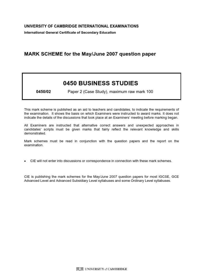 Cambridge IGCSE Business Studies Mark Scheme 2 Summer 2007 | PDF ...
