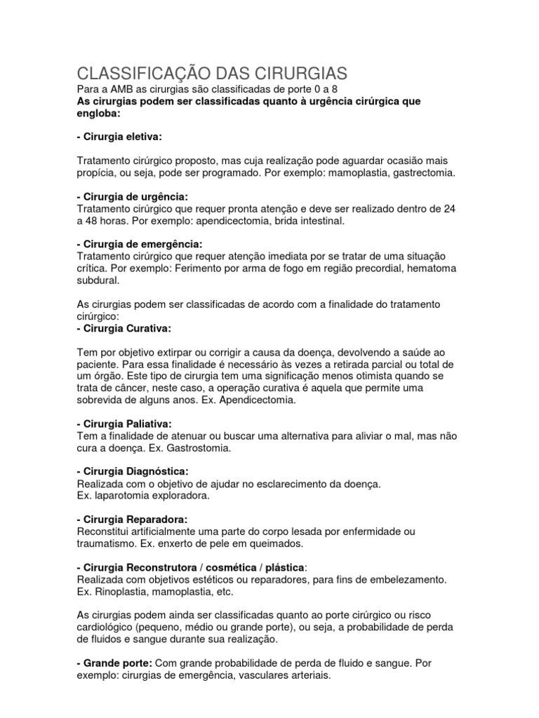 Classificação cirurgias AMB porte complexidade | PDF | Anestesia | Infecção
