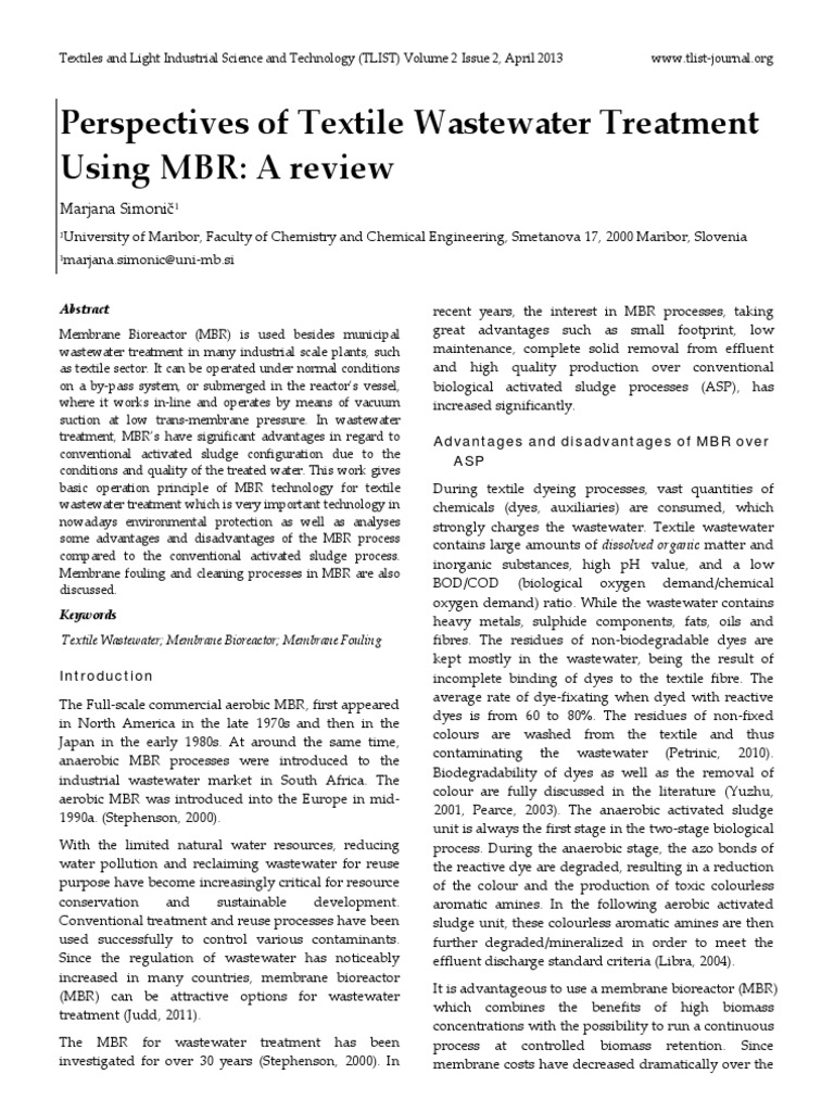 Perspectives of Textile Wastewater Treatment Using MBR A Review PDF Membrane Sewage Treatment