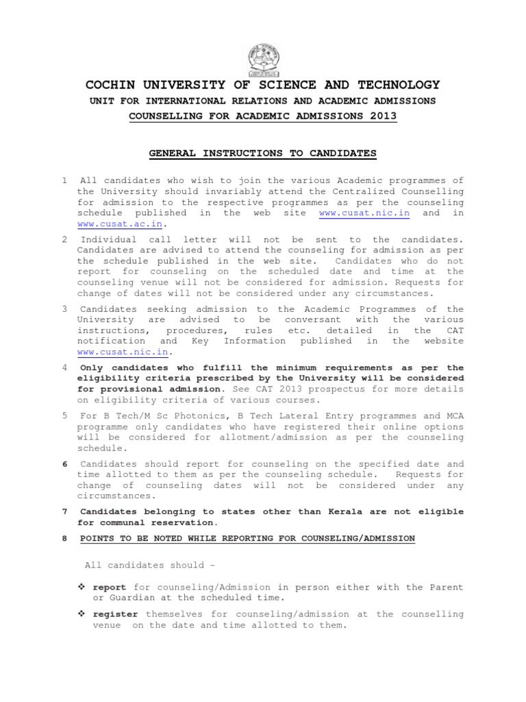 CUSAT 2013 Admission Counseling Guide | PDF | Fee | Government Information