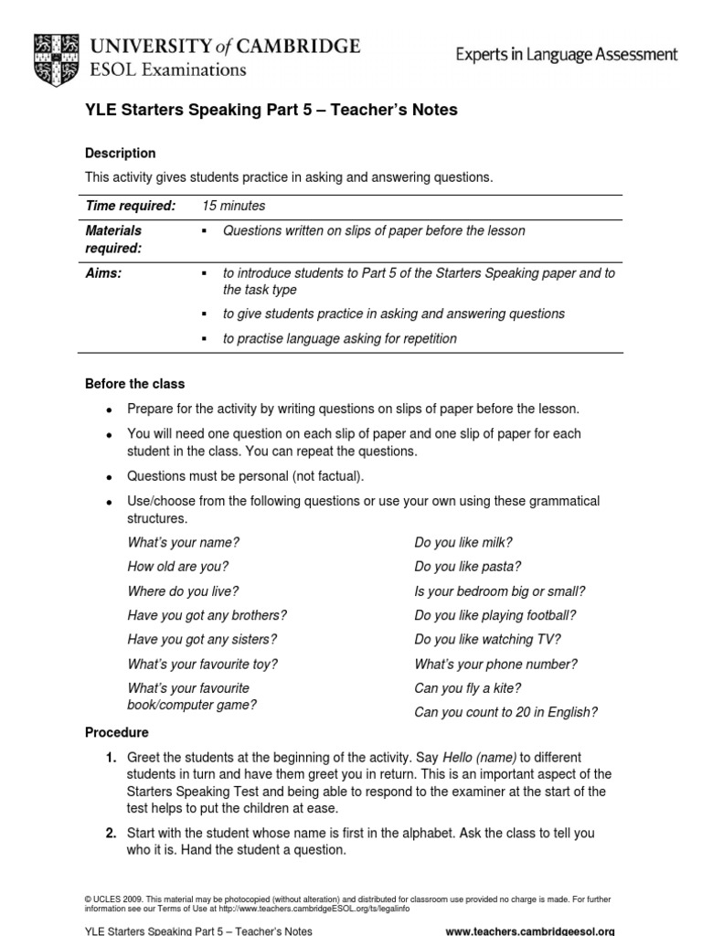 yle starters speaking part 5 question test assessment