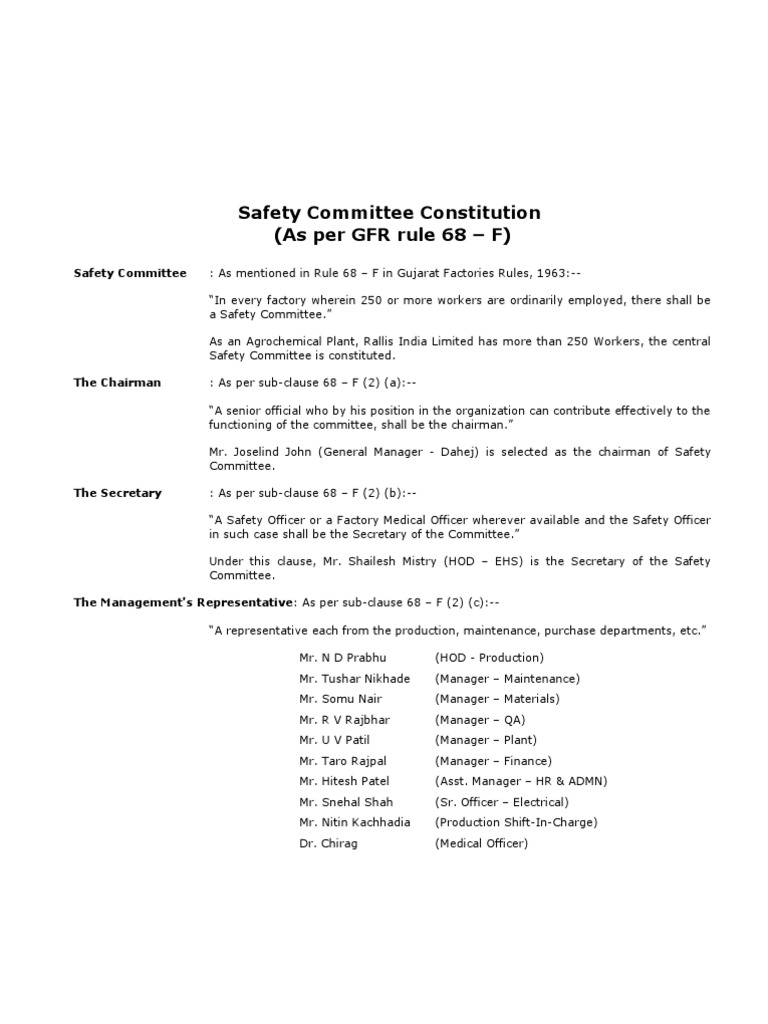 Safety Committee Constitution PDF Occupational Safety And Health