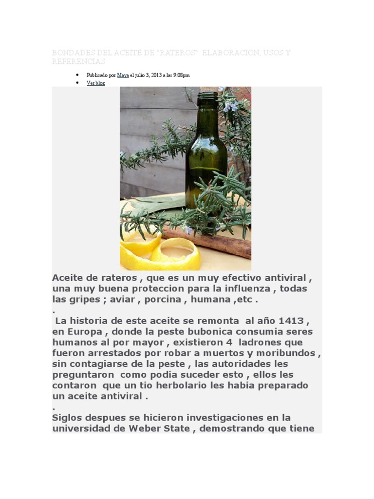Aceite de Rateros: Receta y Usos | PDF | Aceite de oliva | Aromaterapia