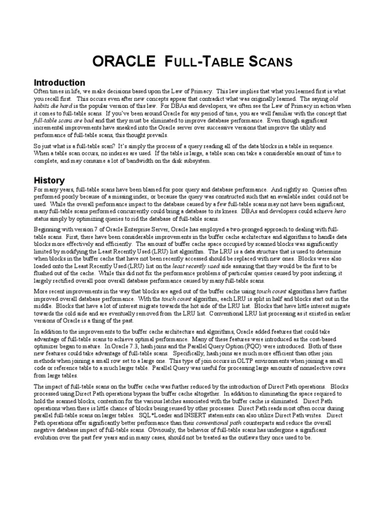 Oracle Full Table Scan PDF Database Index Cache