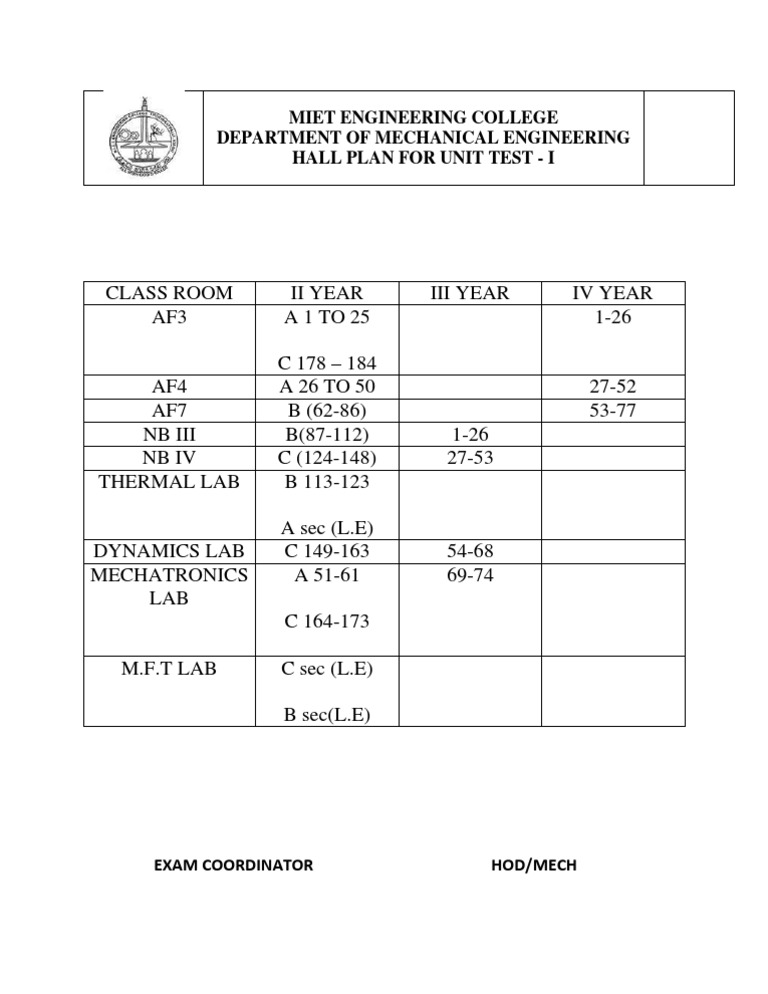 Hall Plan For Unit Test - I | PDF