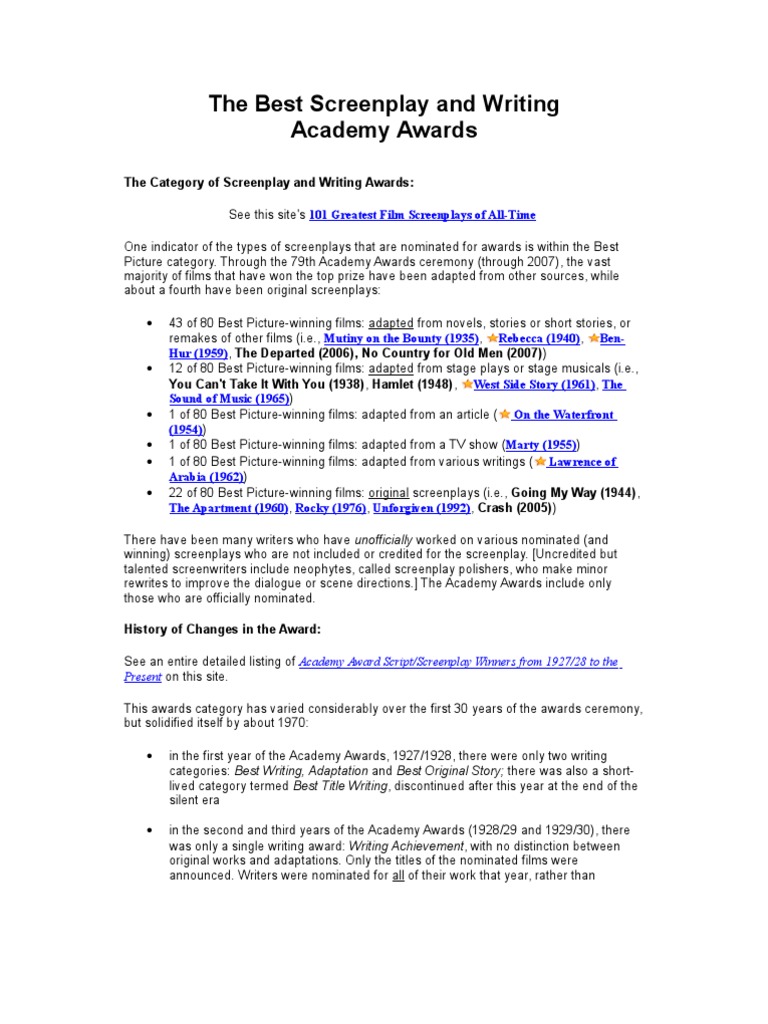Academy Awards for Best Screenplay | PDF | Academy Award For Best ...